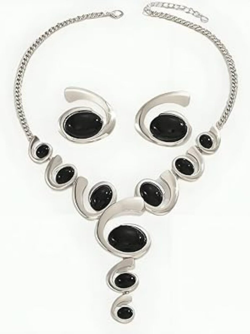 Silver & Black Boho Classy Chunky Jewelry Set Vintage Pendant Necklace Stackable - Picture 4 of 4